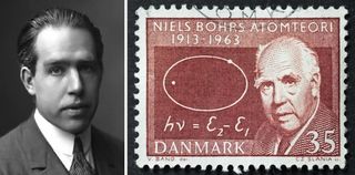 Left: Niels Bohr in 1922. Right: A 1963 Danish stamp honored Bohr on the 50th anniversary of his atomic theory.