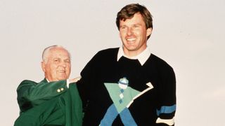 Hord Hardin hands Nick Faldo the Green Jacket in 1990