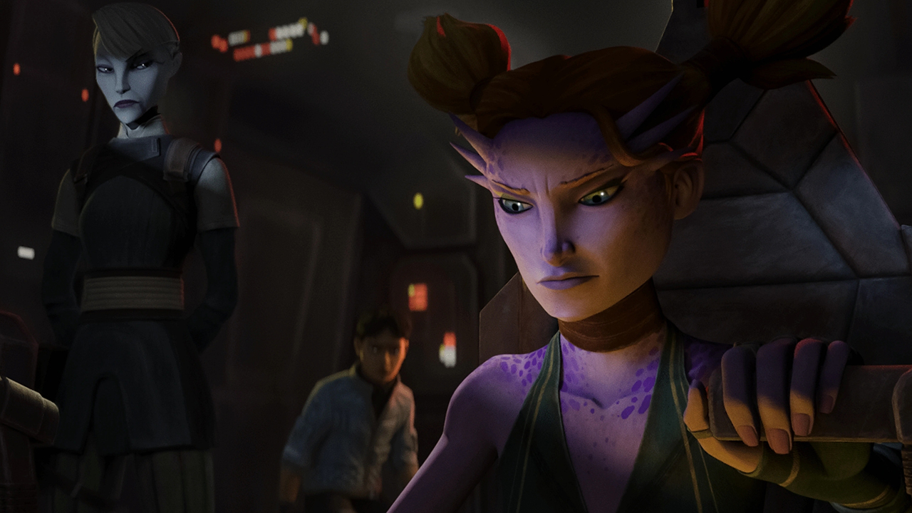  Tales of the Underworld. Three people are in a spaceship cockpit. Flying the ship is a female alien humanoid with her hair in pigtails. In the background watching her is Asajj Ventress (pale woman with short, white hair) and a boy, Lyco Strata.