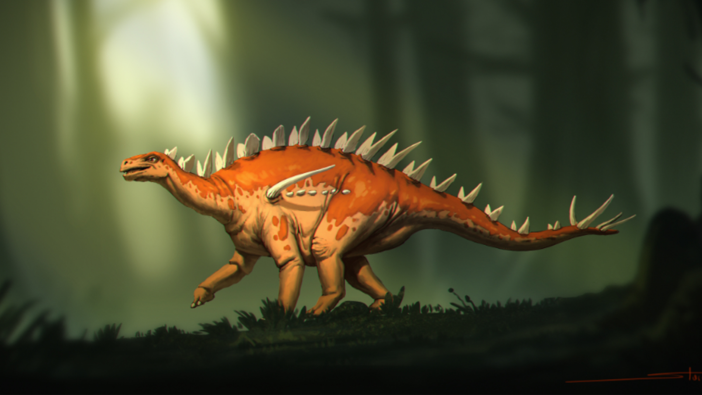 Eine Illustration des Volkswagen-Käfer-großen Stegosauriers Bashanosaurus primivus.