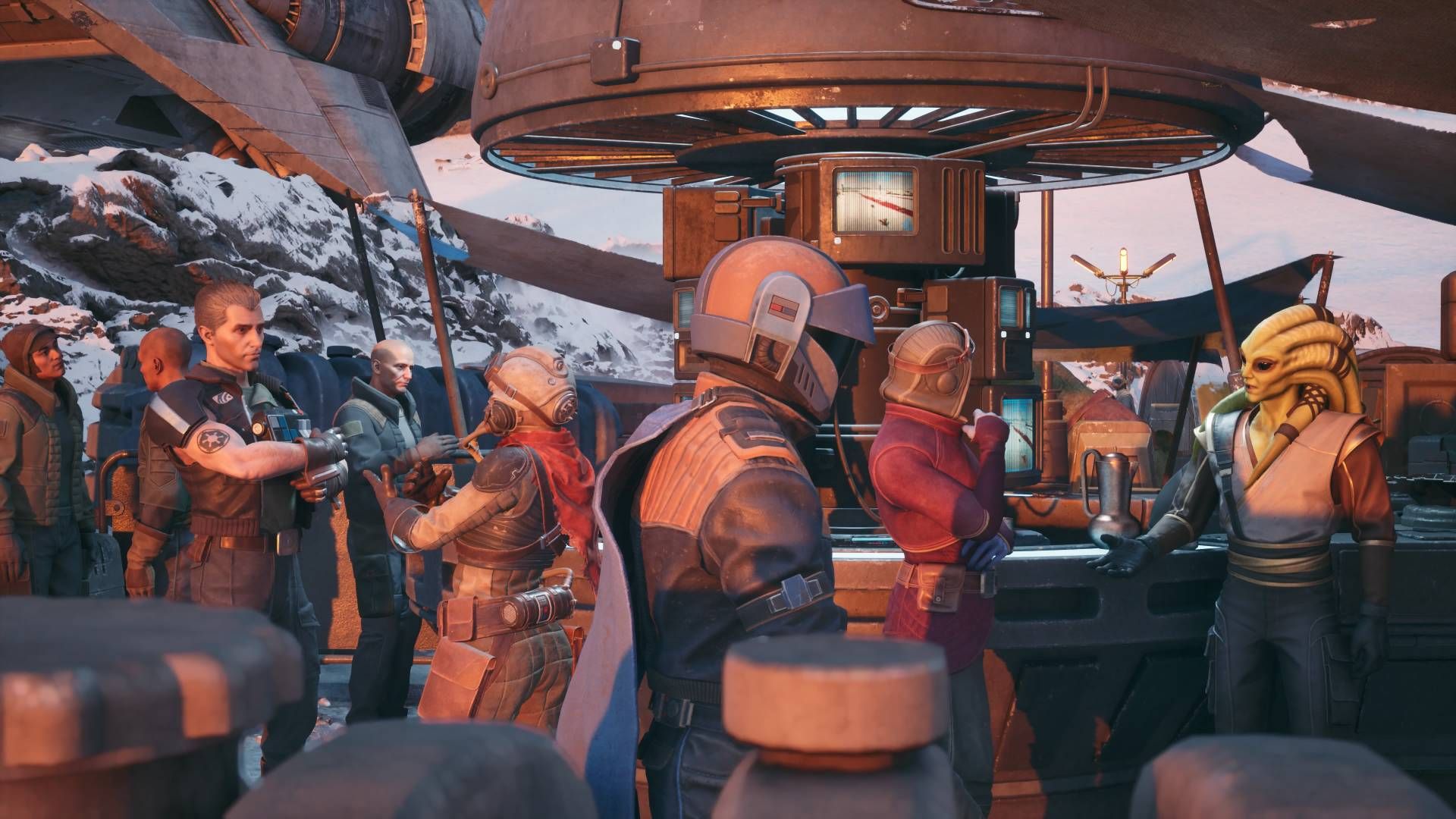 Star Wars Galactic Racer Shade walking through the paddock past Griff Halloran, Sen Fira, Katja Mox, and Lyren Shok