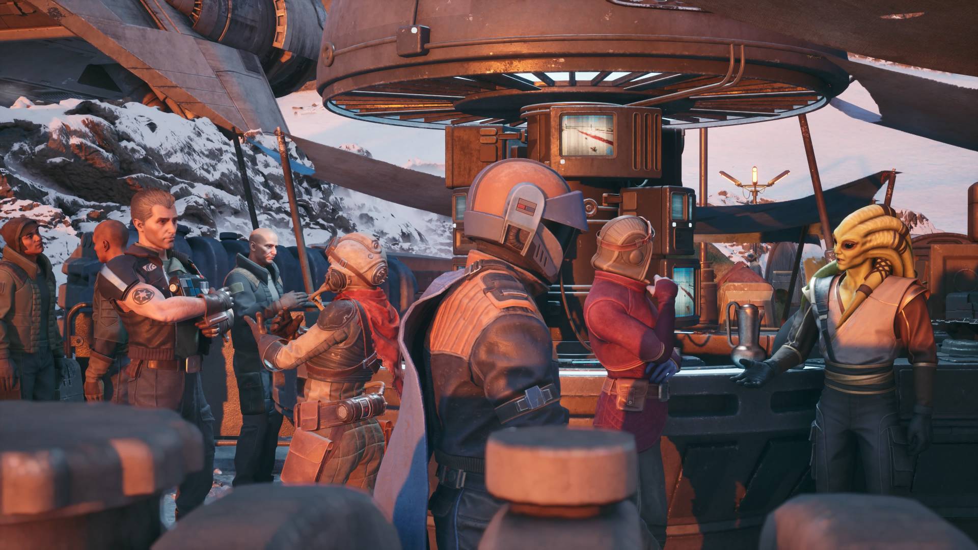 Star Wars Galactic Racer Shade walking through the paddock past Griff Halloran, Sen Fira, Katja Mox, and Lyren Shok