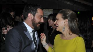 Natalie Portman joking with Pablo Larrain