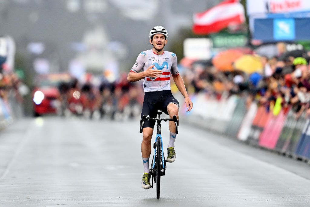 WINTERBERG GERMANY AUGUST 25 Gregor Mhlberger of Austria and Movistar Team celebrates at finish line as stage winner during the 38th Deutschland Tour 2023 Stage 2 a 2013km stage from Kassel to Winterberg 629m on August 25 2023 in Winterberg Germany Photo by Christian KasparBartkeGetty Images