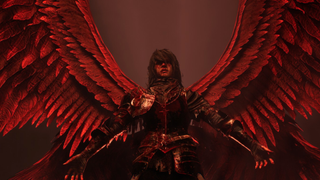 A winged knight, Pieta, spreads her bloodied wings.