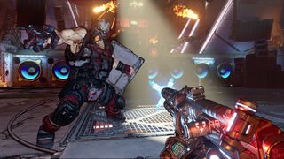 A screenshot of a player holding a gun and pointing at a masked enemy in the FPS game Borderlands 3.