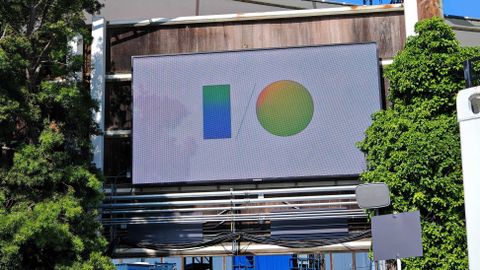 An electronic billboard showing the Google I/O label