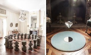 Split picture with half showing room with chandelier hanging and half showing round circle on the flood with diamond object hanging from ceiling