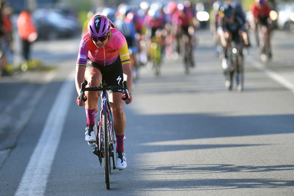 WEVELGEM BELGIUM MARCH 27 Chantal Van Den Broek Blaak of Netherlands and Team SD Worx attacks in the breakaway during the 11th GentWevelgem In Flanders Fields 2022 Womens Elite a 159km one day race from Ypres to Wevelgem GWEwomen UCIWWT on March 27 2022 in Wevelgem Belgium Photo by Luc ClaessenGetty Images