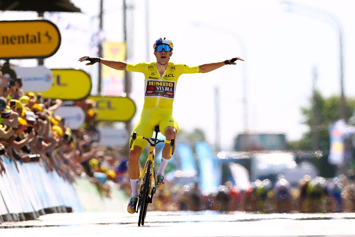 CALAIS FRANCE JULY 05 Wout Van Aert of Belgium and Team Jumbo Visma Yellow Leader Jersey celebrates at finish line as stage winner during the 109th Tour de France 2022 Stage 4 a 1715km stage from Dunkerque to Calais TDF2022 WorldTour on July 05 2022 in Calais France Photo by Michael SteeleGetty Images