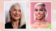 Helen Mirren is pictured with a white-grey tucked bob hairstyle at the 37th Annual American Cinematheque Awards at The Beverly Hilton in Beverly Hills, California, February 15, 2024, alongside a picture of Kelly Rowland with a short, platinum blonde tucked bob hairstyle at the amfAR Cannes Gala 30th edition Presented by Chopard and Red Sea International Film Festival at Hotel du Cap-Eden-Roc on May 23, 2024 in Cap d'Antibes, France/ in a pink watercolour paint-style template