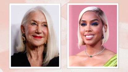 Helen Mirren is pictured with a white-grey tucked bob hairstyle at the 37th Annual American Cinematheque Awards at The Beverly Hilton in Beverly Hills, California, February 15, 2024, alongside a picture of Kelly Rowland with a short, platinum blonde tucked bob hairstyle at the amfAR Cannes Gala 30th edition Presented by Chopard and Red Sea International Film Festival at Hotel du Cap-Eden-Roc on May 23, 2024 in Cap d&#039;Antibes, France/ in a pink watercolour paint-style template