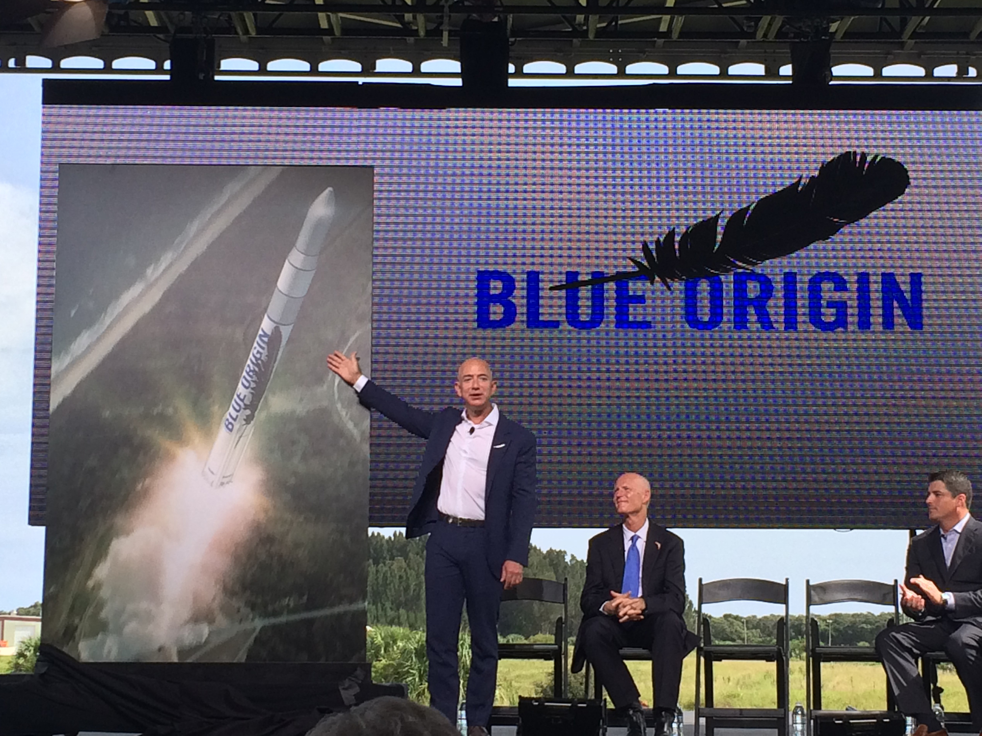 Billionaire Jeff Bezos, founder of Blue Origin, announces his company&#039;s plans to launch spaceships and rockets from Florida&#039;s Cape Canaveral Air Force Station at Launch Complex 36 on Sept. 15, 2015.