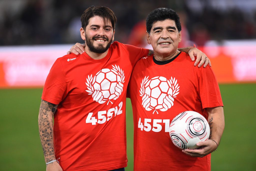 Argentine footballer Diego Armando Maradona and son Diego jr during the peace match at the Olympic stadium. Rome (Italy), October 12th, 2016 (Photo by Massimo Insabato/Archivio Massimo Insabato/Mondadori Portfolio via Getty Images)