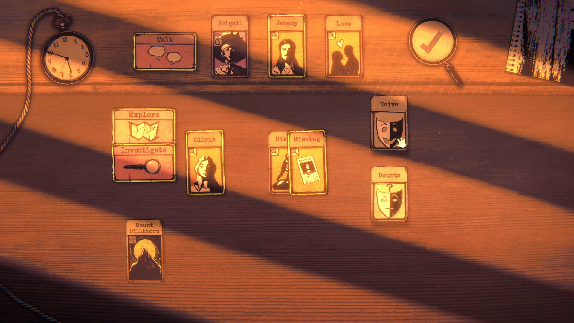Cards are laid out on a top, with an ominous light spilling over the scene and a pocket watch resting in the top left corner in Lovecraftian investigation horror game, Hillthorn