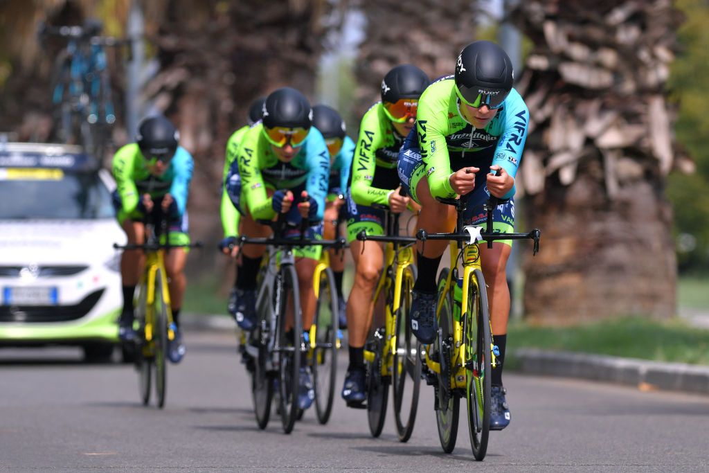 GROSSETO ITALY SEPTEMBER 11 Rasa Leleivyte of Lithuania Letizia Borghesi of Italy Carmela Cipriani of Italy Sofia Collinelli of Italy Giulia Marchesini of Italy and Gemma Sernissi of Italy and Team Aromitalia Basso Bikes Vaiano during the 31st Giro dItalia Internazionale Femminile 2020 Stage 1 a 168km Team Time Trial from Grosseto to Grosseto TTT GiroRosaIccrea GiroRosa on September 11 2020 in Grosseto Italy Photo by Luc ClaessenGetty Images