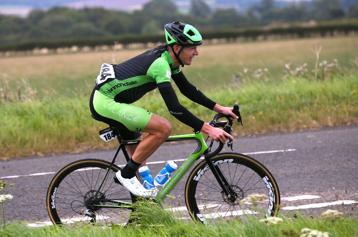 Samuel Hunter Grove (Cylance Cycling), on disc brakes, was the sole DNF for stage 1