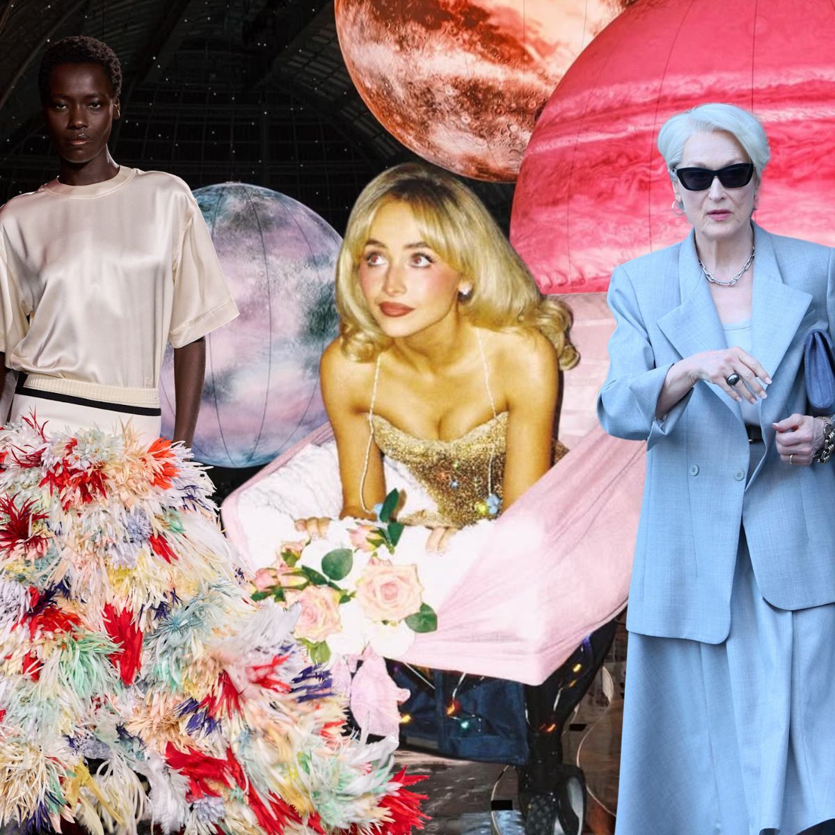 Collage with Chanel model, Sabrina Carpenter, Charli XCX on her wedding day, and Meryl Streep whilst filming The Devil Wears Prada 2