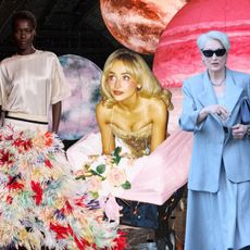 Collage with Chanel model, Sabrina Carpenter, Charli XCX on her wedding day, and Meryl Streep whilst filming The Devil Wears Prada 2