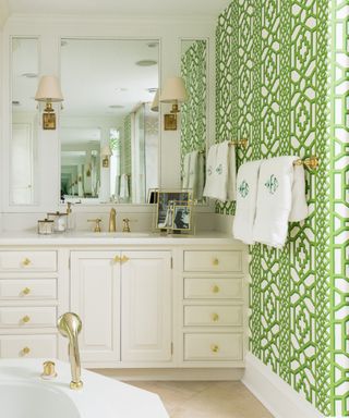 discovering your interior design style, white and green bathroom, green trellis style wallpaper, gold fixtures and fittings