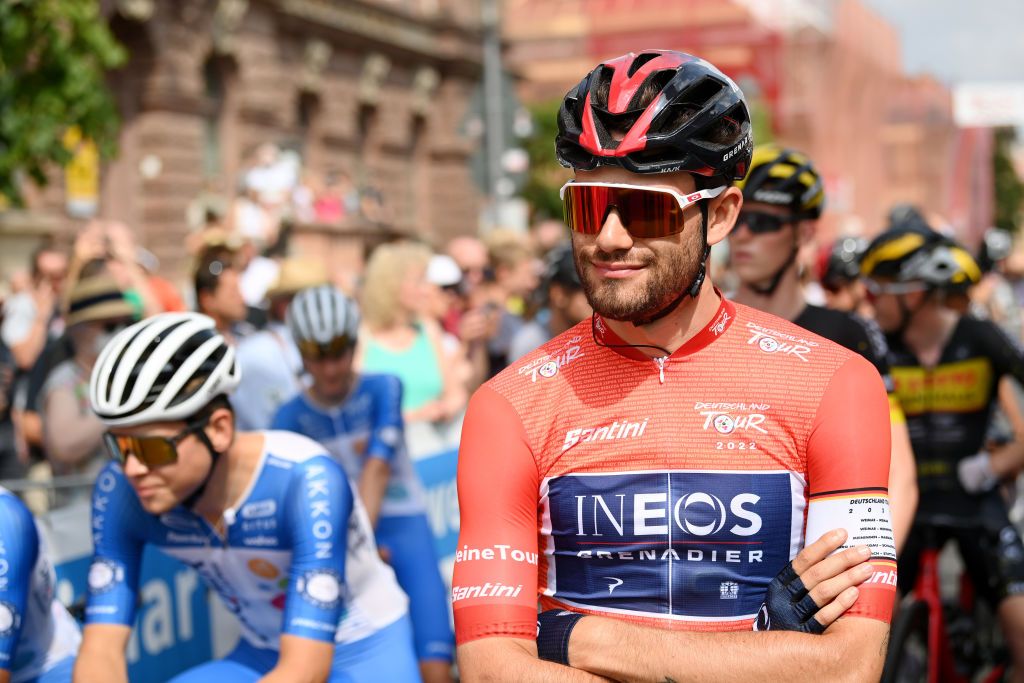 MEININGEN GERMANY AUGUST 25 Filippo Ganna of Italy and Team INEOS Grenadiers Red Leader Jersey prior to the 37th Deutschland Tour 2022 Stage 1 a 1717km stage from Weimar to Meiningen DeineTour on August 25 2022 in Meiningen Germany Photo by Stuart FranklinGetty Images