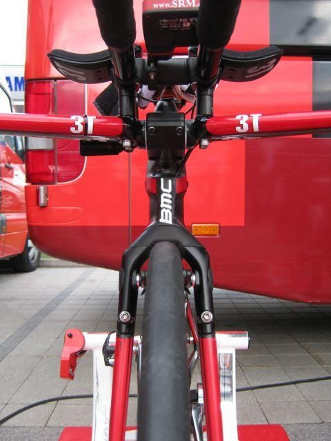 A front view of the 3T aero bars and hidden brake