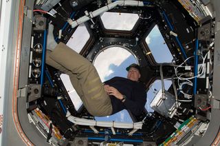 NASA astronaut Alan Poindexter, STS-131 commander, is pictured near the windows in the Cupola of the International Space Station while space shuttle Discovery remains docked with the station. This image was taken on April 12, 2010.