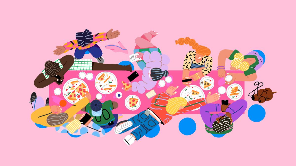 Illustration of colourful characters enjoying dinner