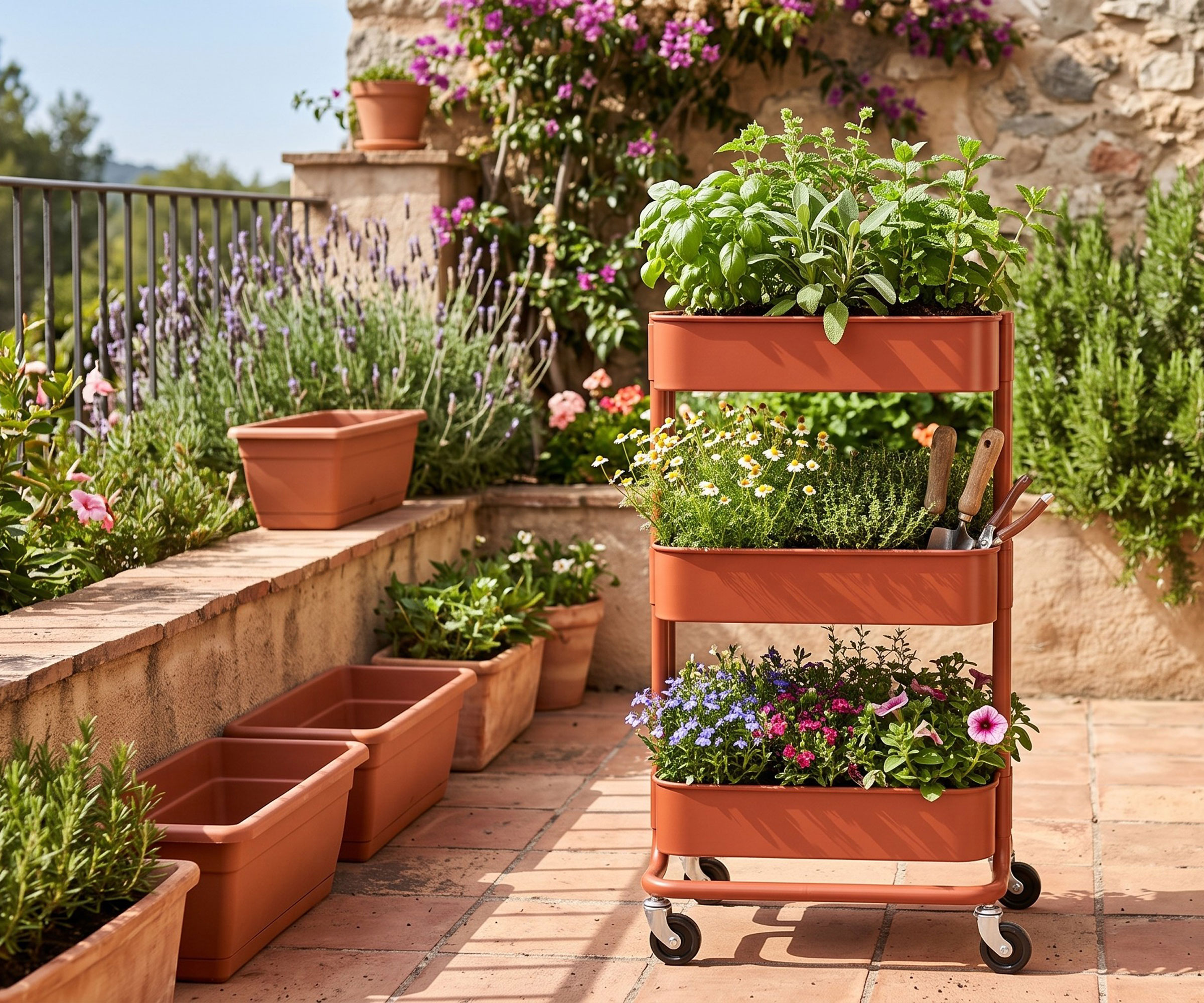 IKEA Raskog trolley filled with plants on sunny balcony near railing and lavender and other tubs