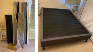 Nectar Platform Bed Frame unassembled (left) and then assembled (right)