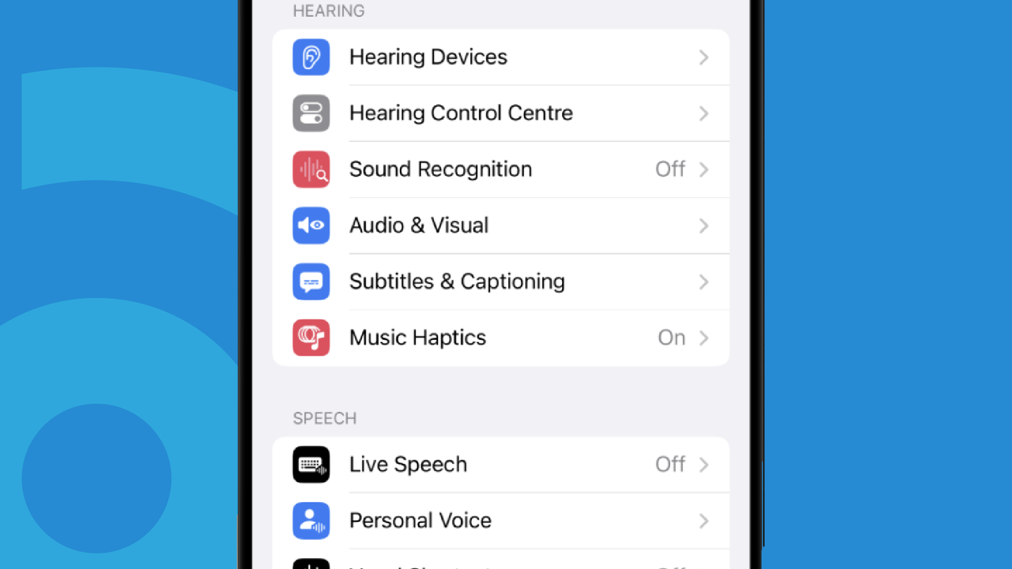 Apple Music Accessibility screen showing where to find Haptics on iPhone 15 Pro