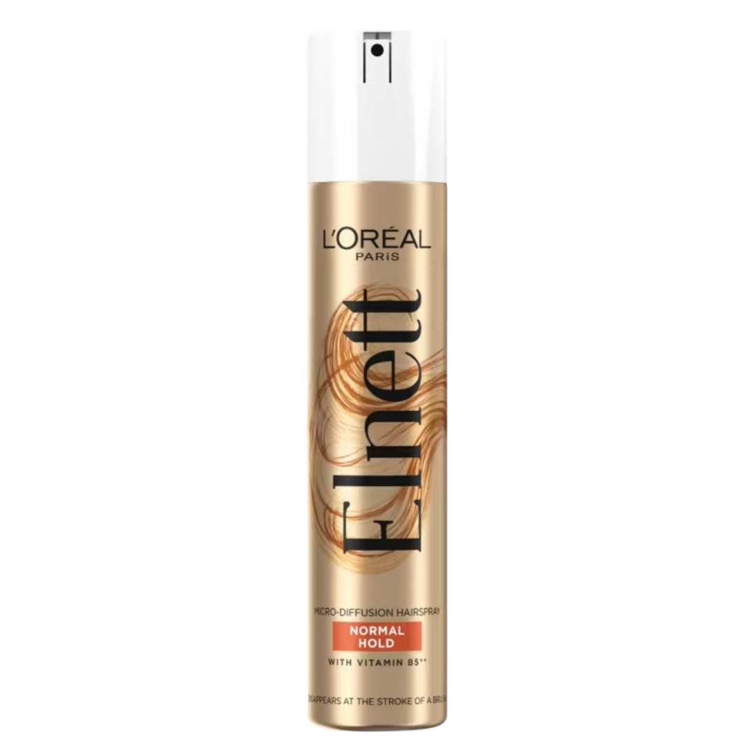 A product shot of the L&#039;Oreal Paris Elnett Hairspray, on a white background