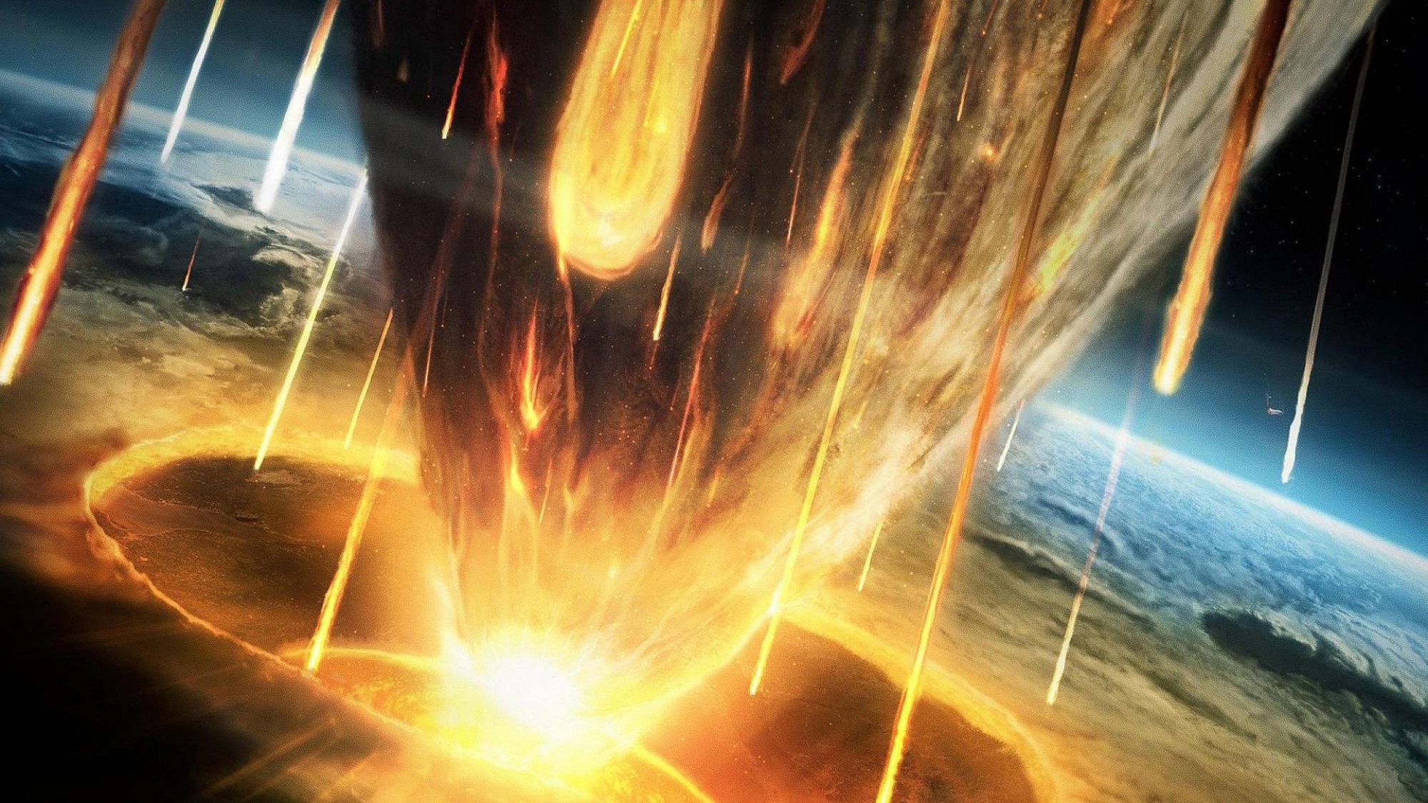 An illustration showing lots of fire coming off from a huge impact on Earth.