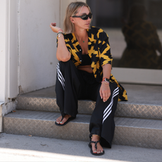Rope sandals, black tracksuit bottoms yellow shirt street style - miu miu
