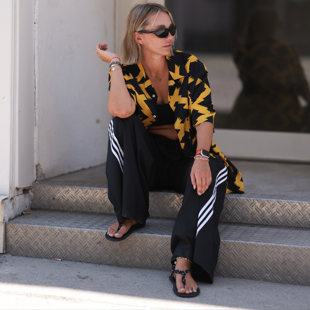 Rope sandals, black tracksuit bottoms yellow shirt street style - miu miu 