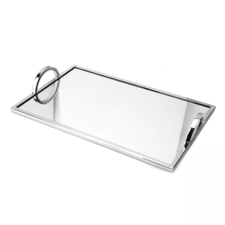 A mirrored tray with chrome edging