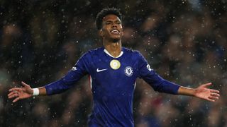 Estevao of Chelsea celebrates scoring his team's fourth goal from the penalty-spot during the UEFA Champions League 2025/26 League Phase MD3 match between Chelsea FC and AFC Ajax at Stamford Bridge on October 22, 2025 in London, England. 