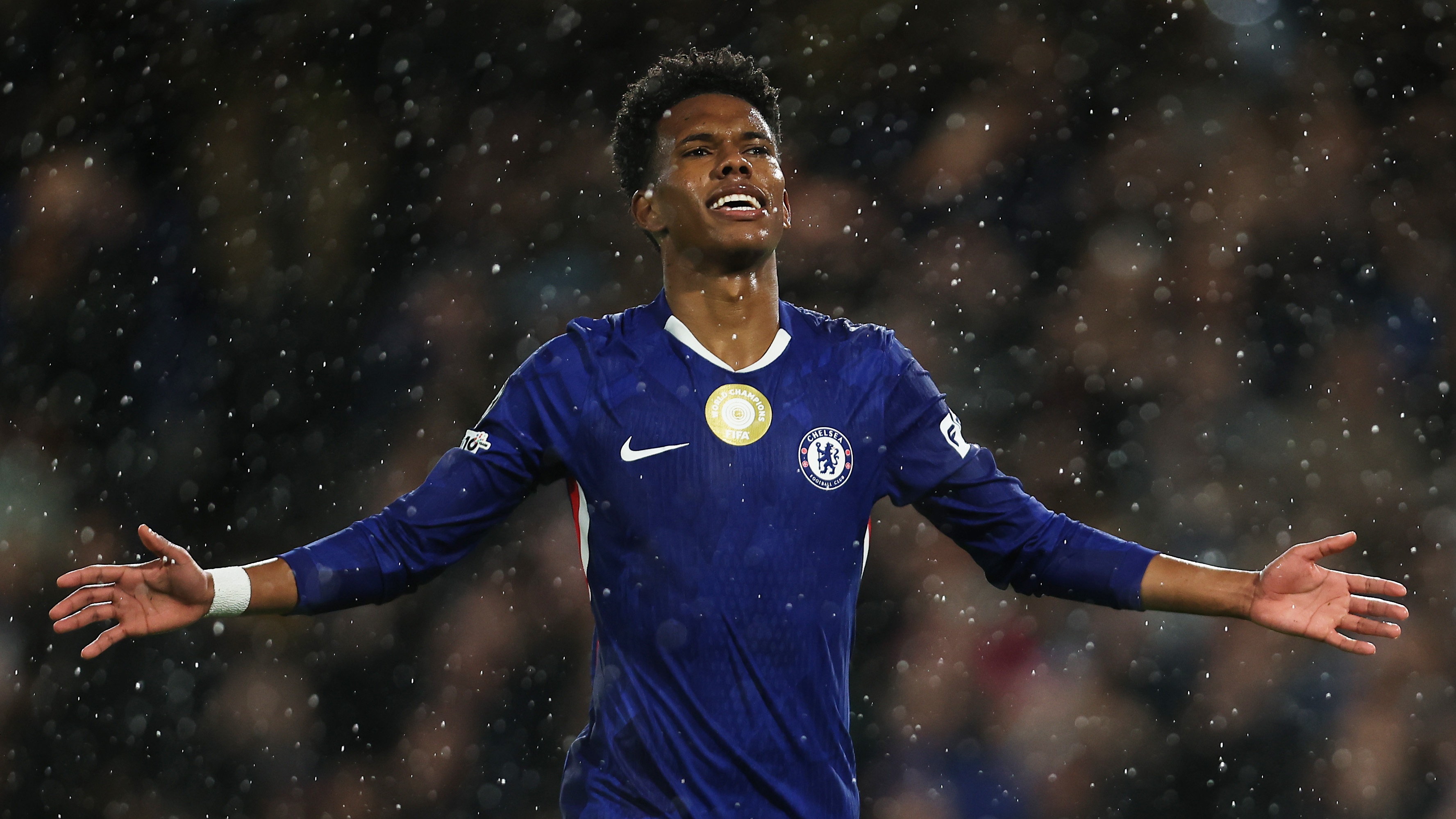 Estevao of Chelsea celebrates scoring his team's fourth goal from the penalty-spot during the UEFA Champions League 2025/26 League Phase MD3 match between Chelsea FC and AFC Ajax at Stamford Bridge on October 22, 2025 in London, England.