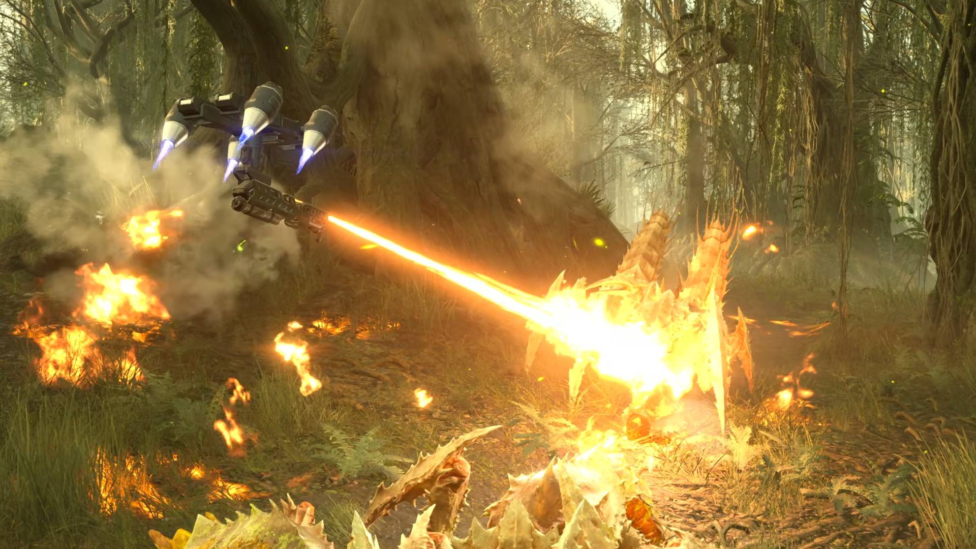 Helldivers 2 Python Commandos hot dog drone shooting fire at terminid bugs