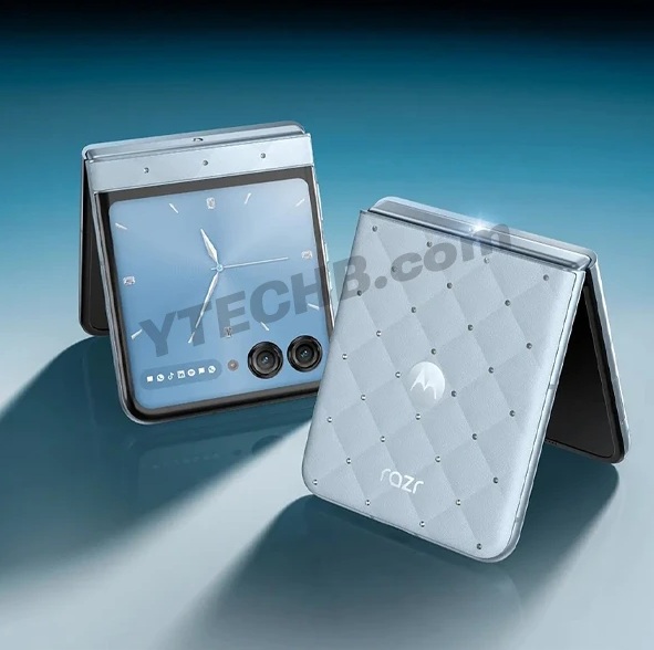 A leaked render of the Motorola Razr 2025 with a light blue color scheme for its rumored Swarovski jewelry collaboration.