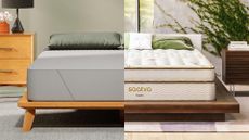 An affordable Siena Memory Foam Mattress on a bedframe in a room (left), and a premium Saatva Classic mattress in a bedroom (right)