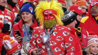 A Kansas City Chiefs fan in full face paint before the AFC Championship game between the Buffalo Bills and Kansas City Chiefs on January 26, 2025