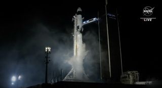 SpaceX's Crew-6 Dragon Endeavour sits atop its Falcon 9 rocket on the pad at Kennedy Space Center in Florida shortly after its planned launch attempt on Feb. 27, 2023 was scrubbed due to an ignition-fluid issue.