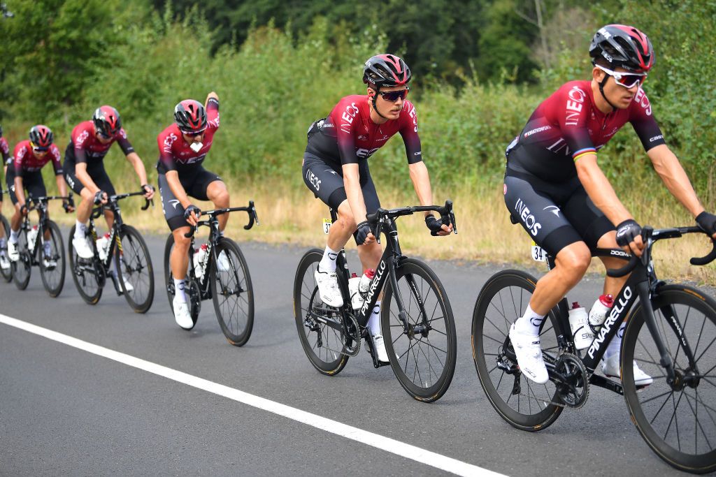SAINT CHRISTO EN JAREZ FRANCE AUGUST 12 Michal Kwiatkowski of Poland and Team Ineos Dylan Van Baarle of The Netherlands and Team Ineos Jonathan Castroviejo of Spain and Team Ineos during the 72nd Criterium du Dauphine 2020 Stage 1 a 2185km stage from Clermont Ferrand to Saint Christo en Jarez 752m dauphine Dauphin on August 12 2020 in Saint Christo en Jarez France Photo by Justin SetterfieldGetty Images