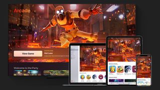 the Apple Arcade home screen on a TV, computer, iPad and iPhone