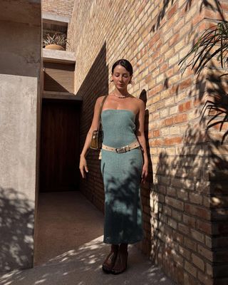 Turquoise bandeau dress with a belt