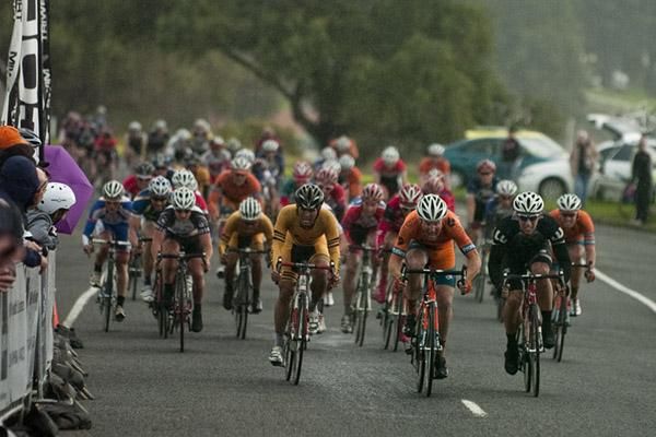 Charge to the line: Joel Pearson (centre) of Genesys Wealth Advisers has the edge on his opponents as they speed to the line in Geelong.