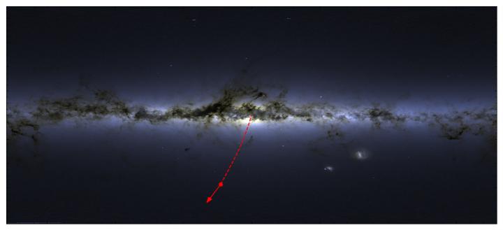 The location and direction of the star S5-HVS1 in the night sky. The star is rocketing away from the center of our galaxy.