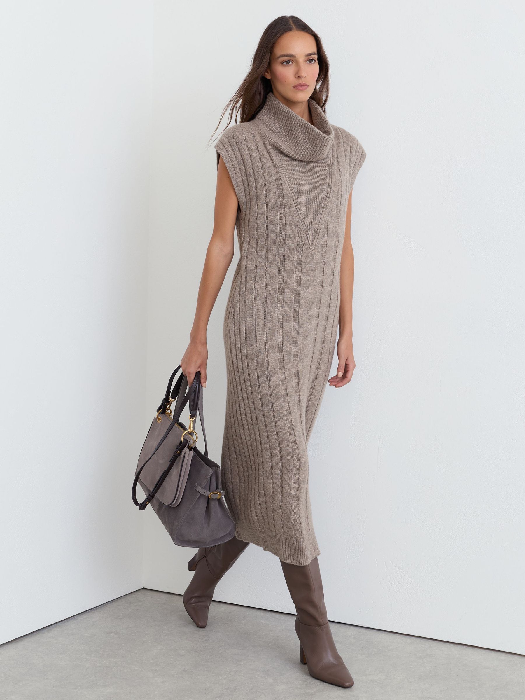 Wool-Cashmere Ribbed Funnel-Neck Midi Dress in Neutral - Size Xs (us 2)