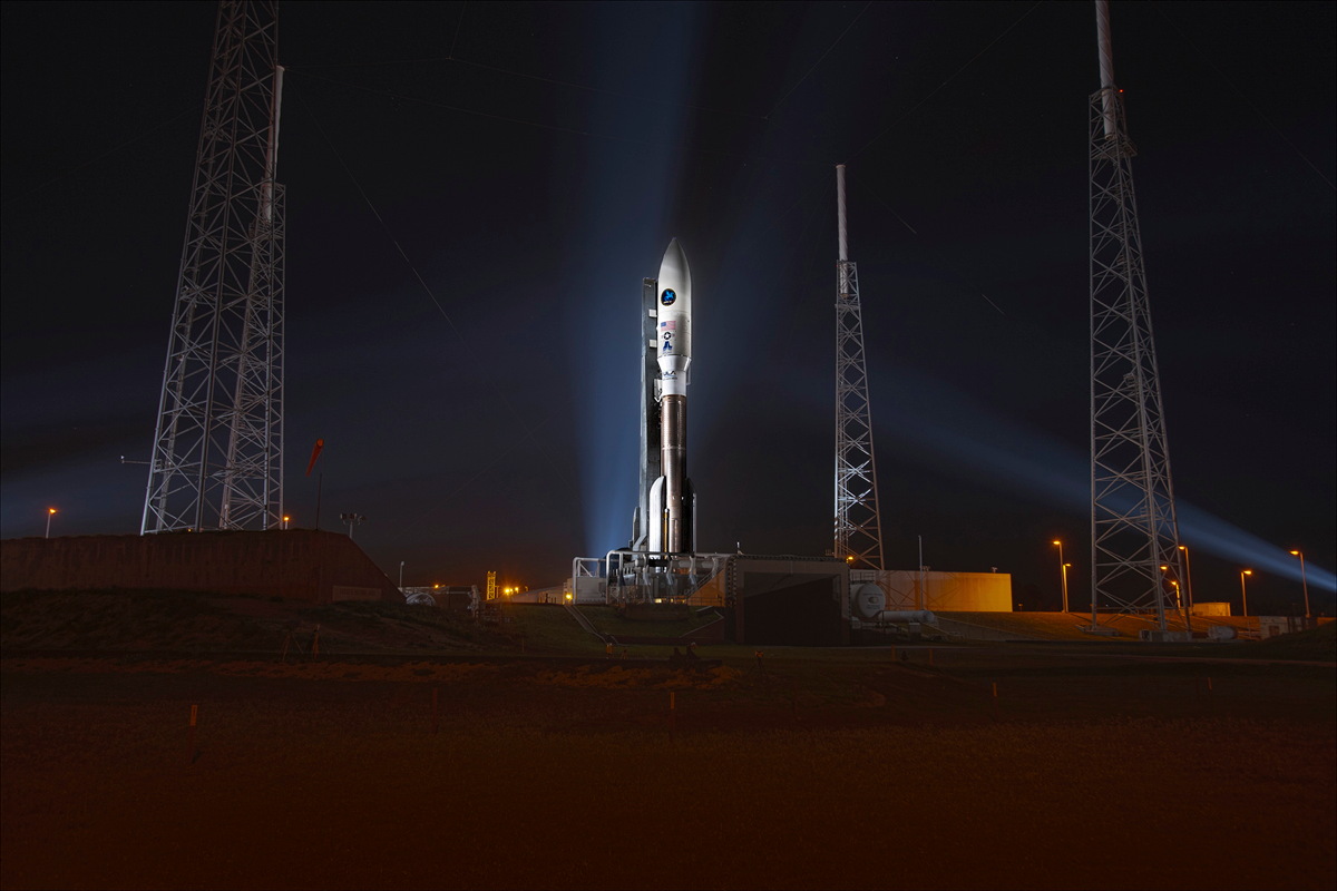 Atlas 5 Launch Vehicle on Pad at Night